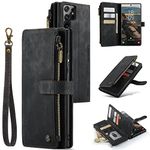 UEEBAI Caseme Mobile Phone Case for Samsung Galaxy S22 Ultra 5G, Zip Case PU Leather Soft Flip Case Magnetic Closure Card Slot Stand Function Wallet with Lanyard Protective Case - Black