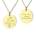 INBLUE Personalized Engraved Birth Flower Disc Necklace for Women Customized Text Stainless Steel Round Pendant Combined Birth Flower Bouquet Necklace Fashion Dainty Jewelry Gift for Birthday - B1