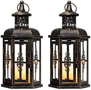 JHY DESIGN Set of 2 Decorative Lanterns 25cm High Vintage Style Hanging Lantern Metal Candle Holder for Garden Living Room Indoor Outdoor Parties Weddings Black with Gold Brush