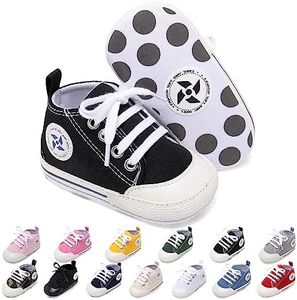 Baby Boys Girls Star High Top Sneaker Soft Anti-Slip Sole Newborn Infant First Walkers Canvas Denim Shoes (11cm, A-Black, 0_Months)