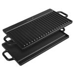 VonShef Reversible Griddle Pan, Pre-Seasoned Non-Stick Cast Iron BBQ Griddle with Handles, Oven Safe Griddle Pan for All Hob Types