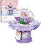 MEIEST Flower Building Blocks Set with Dust-Proof Dome,Simulation Bouquet for Valentine's Day,Bonsai Building Bricks Toys,Home Decor (Tulip)