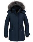 CHIN·MOON Women's Winter Down Coat Warm Thicken Parka Faux Fur Hooded Outwear Jacket Mid Length Windproof Puffer Navy M