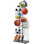 COSTWAY 7-Tier Ball Storage Rack, Metal Basketball Stand Ball Holder with 7 Removable Hanging Rods and Side Basket, Vertical Sports Equipment Organizer for Garage