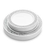 MATANA 40 Premium White Plastic Plates with Silver Lace Rim - 20 26cm Dinner Plates, 20 19cm Dessert Plates - Elegant & Reusable Party Tableware for Weddings, Birthdays, BBQ, Parties