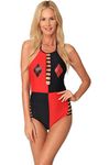 DC Comics Harley Queen One Piece Swimsuit Halter Strappy Monokini Bathing Suit (Small, Black/Red)