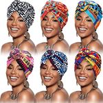 6 Pieces Women African Turban Flower Knot Pre-Tied Bonnet Beanie Cap Headwrap (Black Blue Flower)