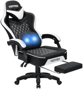 HOFFREE Gaming Chair with Massage Lumbar Support Leather High Back Ergonomic Computer Gaming Chair Adjustable Swivel Game Chair with Footrest Black and White