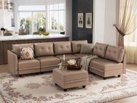 LLappuil Faux Leather Fabric Modular Sectional Sofa, Waterproof L Shaped Corner Sofa with Chaise, 7 Seater Modular Couch with Storage, Cognac