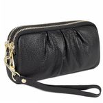 MAVHVAM Genuine Leather Wristlet Wallet for Women Stylish Ruched Wristlet Clutch Purse with Detachable Wrist Strap Black