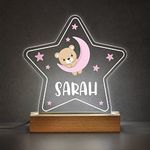 Pink Teddy Bear Star Night Light with Childs Name, Personalised Acrylic LED Night Light For Baby Girl, Star Nursery Bedroom Decor, Baby Sleep Light Lamp