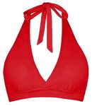 Women's Supportive Halter Bikini Padded Push Up Ruched Bust Hook Back Swimsuit Bathing Suit Tops Only, Red, Large