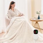 Homemate Heated Throw Electric Blanket - 130x160cm Luxury Faux Fur Sherpa Heated Throw, 1/2/4/6/8 Hours Auto-Off 10 Heat Levels Digital Control With Over-Heat Protection Cream White