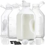 Syntic 4 Pack Glass Water Bottles for Fridge, Half Gallon Milk Jugs with Airtight Lids, 64 Oz Water Bottles, Juice Jugs, Extra Lids, 2 Silicone Dispenser Caps, Stickers, Gaskets and Handles