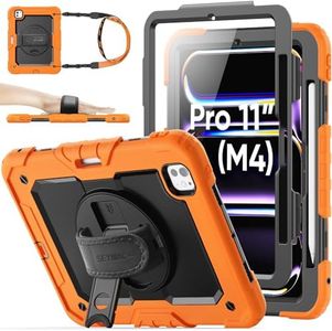 SEYMAC stock Case for iPad Pro 11 Inch M4 Chip 2024 with Screen Protector, Stylus Holder, 360° Rotating Hand Strap & Stand, Portable Shoulder Strap, Heavy Duty Protection, Orange+Black