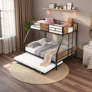 Twin Over Full with Trundle - Triple Bunk Bed with 2 Side Ladder and Full Length Guardrail, Heavy-Duty Twin Over Futon Bunk Bed with Metal Farme and Space Saving for Kids, Teens, Adults