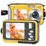 4K Underwater Camera 16FT Waterproof Camera with 32GB Card 64MP Autofocus Dual-Screen Selfie Underwater Camera for Snorkeling Waterproof Compact Floatable Digital Camera 1250mAh Battery (Yellow)