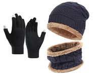 Lyonardo Winter Thick Fleece Lined Beanie woolen Cap Hat, Neck Scarf and Touchscreen Gloves Set for Men Women(3 set) (Blue)