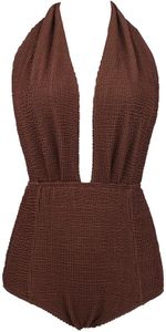 COCOSHIP Espresso & Coffee Crinkled Fabric Retro One Piece Backless Bather Swimsuit Pin Up Swimwear Beachwear XXXL(US16 or US18)