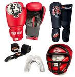 Tiger Pro and Bruiser Kids Sparring Set - Youth Unisex (5-12 Years) - 6oz & 8oz - Kickboxing, Muay Thai, Taekwondo - Gloves, Shin Guards, Hand Wraps, Helmet, Gum Shield (Red/Black, Large)