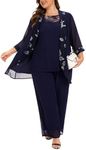 Women's Plus Size Wedding Pant Suits 3 Piece Chiffon Party Outfit for Mother of The Groom Bride Evening Gowns Blue