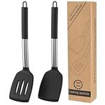 Pack of 2 Large Silicone Turner Spatula, Heat Resistant Silicone Solid Spatulas, BPA Free Cooking Spatula Turner, Non Stick Slotted Kitchen Spatulas for Eggs Pancakes Baking Frying (Stainless Steels)