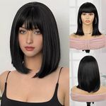 Creamily Bob Wig For Women Full Head,Short Bob Wig Black,Synthetic Shoulder Length Short Hair Wig With Bangs,Straight Bob Wig For Women Daily Use Diwali Cosplay 12Inch