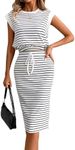 Milumia Women's 2 Piece Outfits Striped Cap Sleeve T Shirt and Slit Back Midi Skirt Set Black and White X-Large