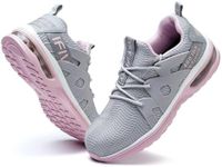 Ifivky Steel Toe Shoes for Women Lightweight Air Cushion Breathable Work Shoes Comfortable Puncture Proof Slip Resistant Safety Shoes Indestructible Composite Toe Sneakers Industrial Footwear Grey