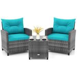 KOTEK 3 Piece Patio Furniture Set, Outdoor PE Rattan Conversation Set with Washable Cushions & Tempered Glass Tabletop, Wicker Chairs and Table Set for Porch, Garden, Balcony (Turquoise)