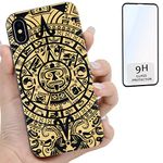 iProductsUS Wood Phone Case Compatible with iPhone Xs, X and Screen Protector-Engraved Mayan Calendar Black Bamboo Case, Built-in Metal Plate,Compatible Wireless Charger,TPU Shockproof Cover (5.8")