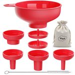 Pisol Wide Mouth Versatile Funnel, Canning Funnels for Kitchen Use, Food Grade Plastic Cooking Funnel Set with 4 Size Spouts and 2 Strainers for Filling Different Bottles and Bags, Red