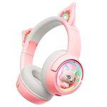 PHNIXGAM Cute Cat Bluetooth Headphones, Wireless & Wired Mode Headset with Mic, RGB LED Light, for Girls Women School Gaming, Compatible with Mobile Phones PC Tablet