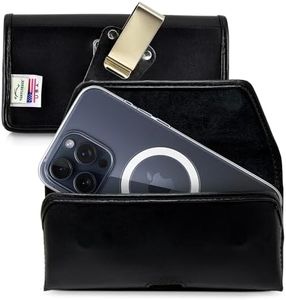 Turtleback Belt Clip for iPhone 16 Pro Max, 15 Pro Max, 14 Pro Max -Small- Fits w/Slim MagSafe Style Cases - Premium Black Leather, Horizontal Belt Holder, Magnetic Closure, HD Rotating Clip