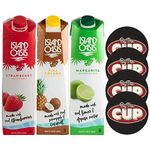 Island Oasis Drink Mix Variety, Strawberry Fruit Puree, Pina Colada, and Margarita Beverage Mix, 1 Liter of each with By The Cup Coasters