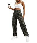 Women High Waisted Cargo Pants Wide Leg Casual Pants 6 Pockets Combat Military Trousers Camouflage Green