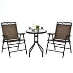 Giantex Patio Dining Set Round Glass Table with 2 Patio Folding Chairs, Outdoor Table and Chairs for Garden, Pool, Backyard, Tempered Glass Tabletop with Umbrella Hole (Brown)