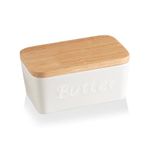 Sweejar Porcelain Butter Dish with Lid, Airtight Large Butter Keeper with Wooden Lid, Butter Container Perfect for 2 Sticks of Butter West or East Coast Butter(White)