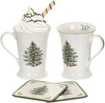 Spode Pimpernel Christmas Tree Mug and Coaster Set | 10 Oz Coffee Mugs and Coasters | Set of 2 | Made of Porcelain/Corked Back Board | Coasters Measure 4" x 4"