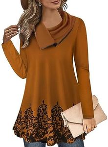 Miusey Tunic Sweaters to wear with Leggings Ladies Tunic Tops to Hide Belly Cowl Neck Long Tunics Warm Cotton Tops Fall Clothes Brown Flower X-Large