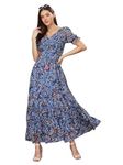 Miss Chase Women's V-Neck Puff Sleeve Floral Ruching Ankle Length Dress with Pockets (Plus (MCAW21D06-35-178-07, Multicolored-Base-Navy Blue, 2XL)