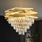 ZenithBeam Modern Crystal Chandelier Gold 60cm Round Chandeliers for Dining Room K9 5 Tiers Ceiling Pendant Light Fixtures Large Flush Mount Chandelier for Living Room Entryway Foyer Staircase