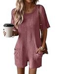 Ekouaer Summer Rompers for Women 2025 Casual Ribbed T-shirt Rompers Reversible Overalls Shorts Jumpsuit Outfits with Pockets Maroon L