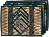 CCcollections Place Mat and Coaster 4 set 2 sizes Large and Medium Natural Reed wicker with plush silk trim and elephant print Eco sustainable craft (Medium Dark Green)