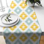 STITCHNEST Cotton Ikat Teal Digital Printed 4 Seater Table Runner (Yellow, 13 x 60 Inches)