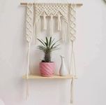 Decazone ® Macrame Wall Hanging Shelf Wood Floating Shelves with Wooden Dowel Modern Chic Woven Decor for Dorm Living Room Nursery Beige 55 x 43 cm (Macrame Display Shelf)