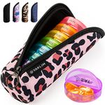 Weekly Pill Organiser 2 Times A Day, Pill Box 7 Day with Zipper Neoprene Case for Travel, Round Medicine Organiser, Tablet Organiser for Vitamin Fish Oils Supplement (Leopard)