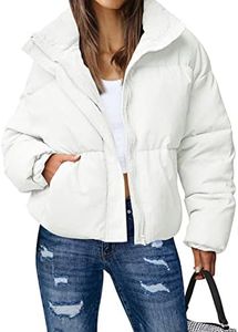 MEROKEETY Women's Winter Long Sleeve Zip Puffer Jacket Stand Collar Baggy Short Down Coats with Pockets, White, XL