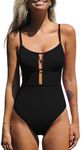 CUPSHE Women's One Piece Swimsuit Scoop Neck Adjustable Straps Cutout Back Self Tie Bathing Suit, Black, Large