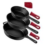 Pre-Seasoned Cast Iron Skillet 3-Piece Chef Set (6-Inch 8-Inch and 10-Inch) Oven Safe Cookware - 3 Heat-Resistant Holders